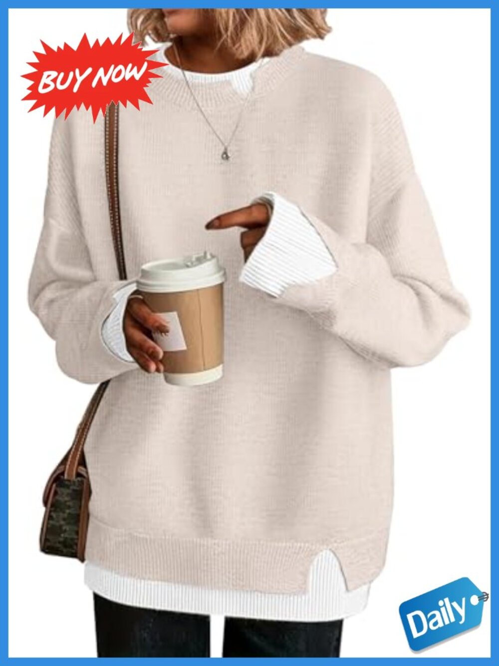 Womens Oversized Cut-Out Sweater Ribbed Knit Crew Neck Pullover